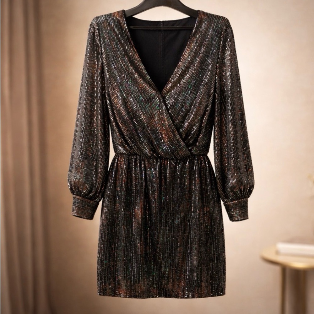 R&M Richards Black Metallic Multi-Glitter Surplice Long-Sleeve Dress